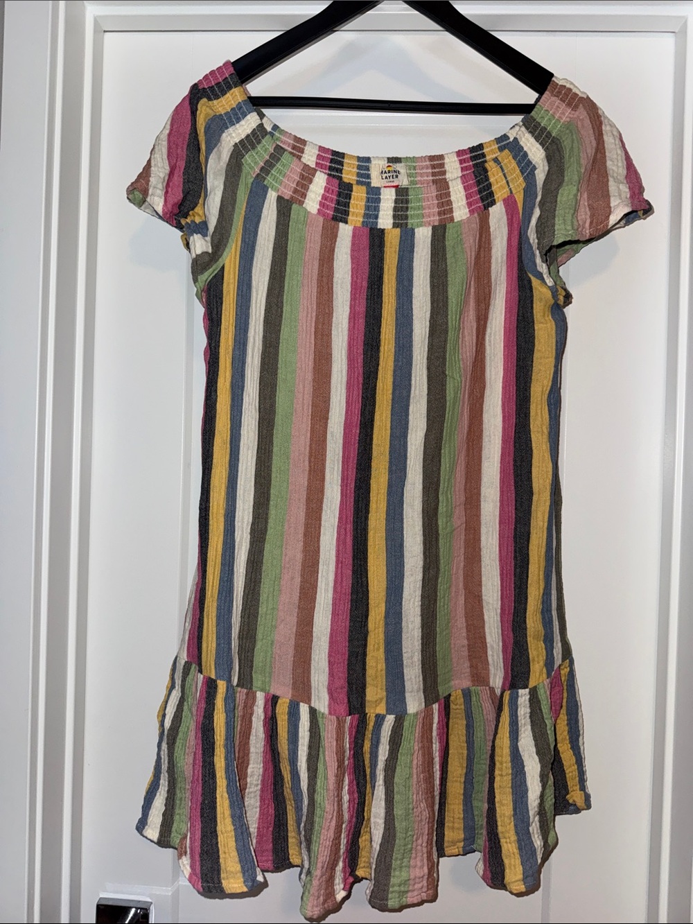 Marine Layer Multicolor Striped Short Sleeve Ruffle Hem Dress